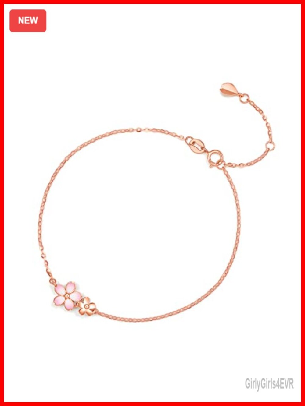 18K Rose Gold Bracelet Adjustable Cherry Blossom Flower Charm Link
